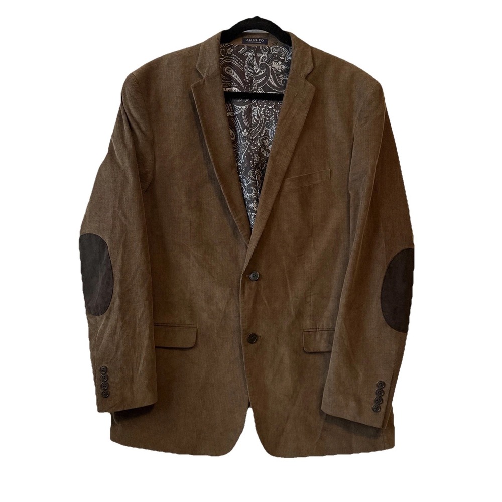 Adolfo Blazer Sport Coat Jacket Men 42L‎ Corduroy Elbow Patch Preppy Old Money